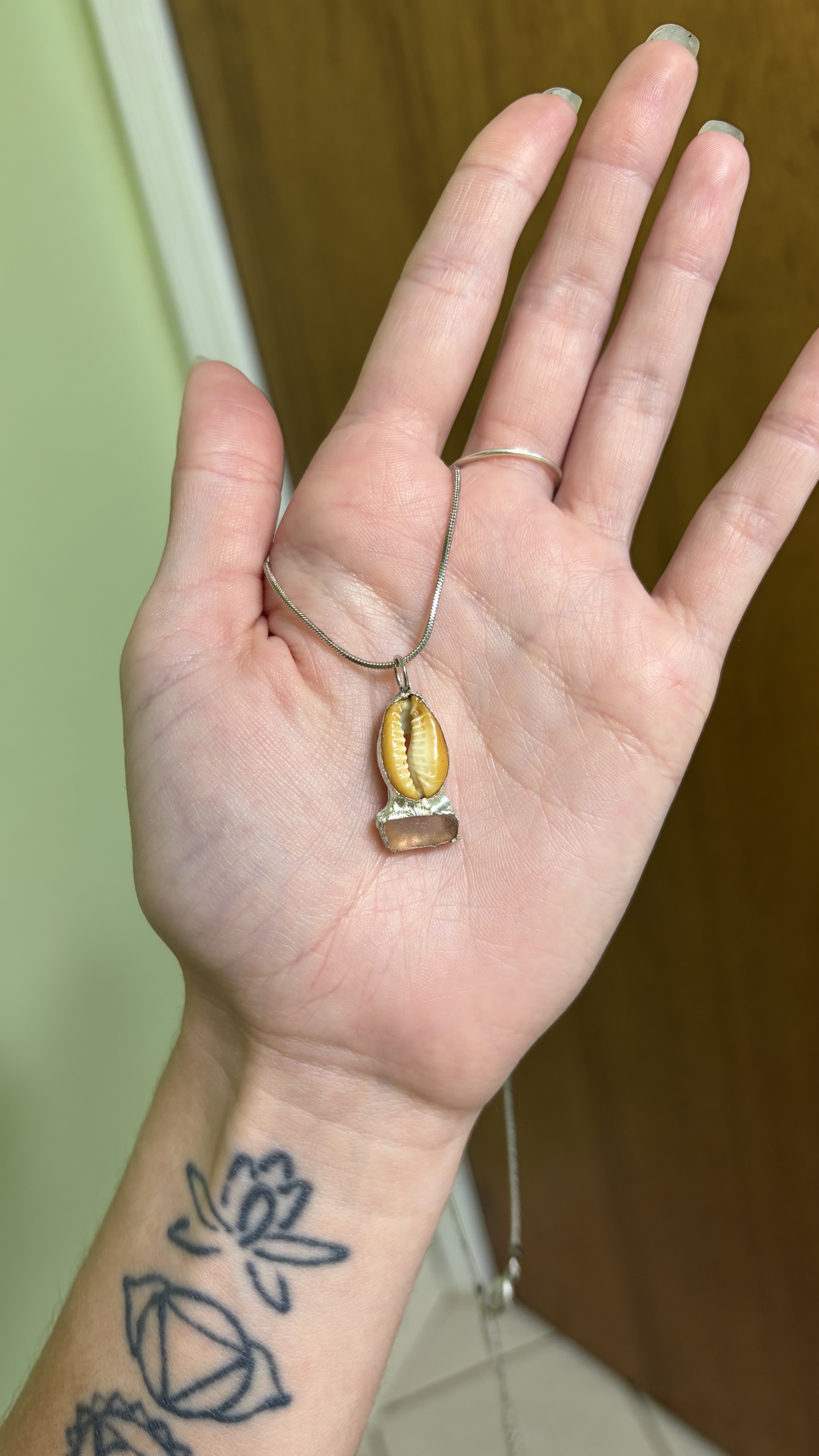 honey cowrie pendant with sea glass